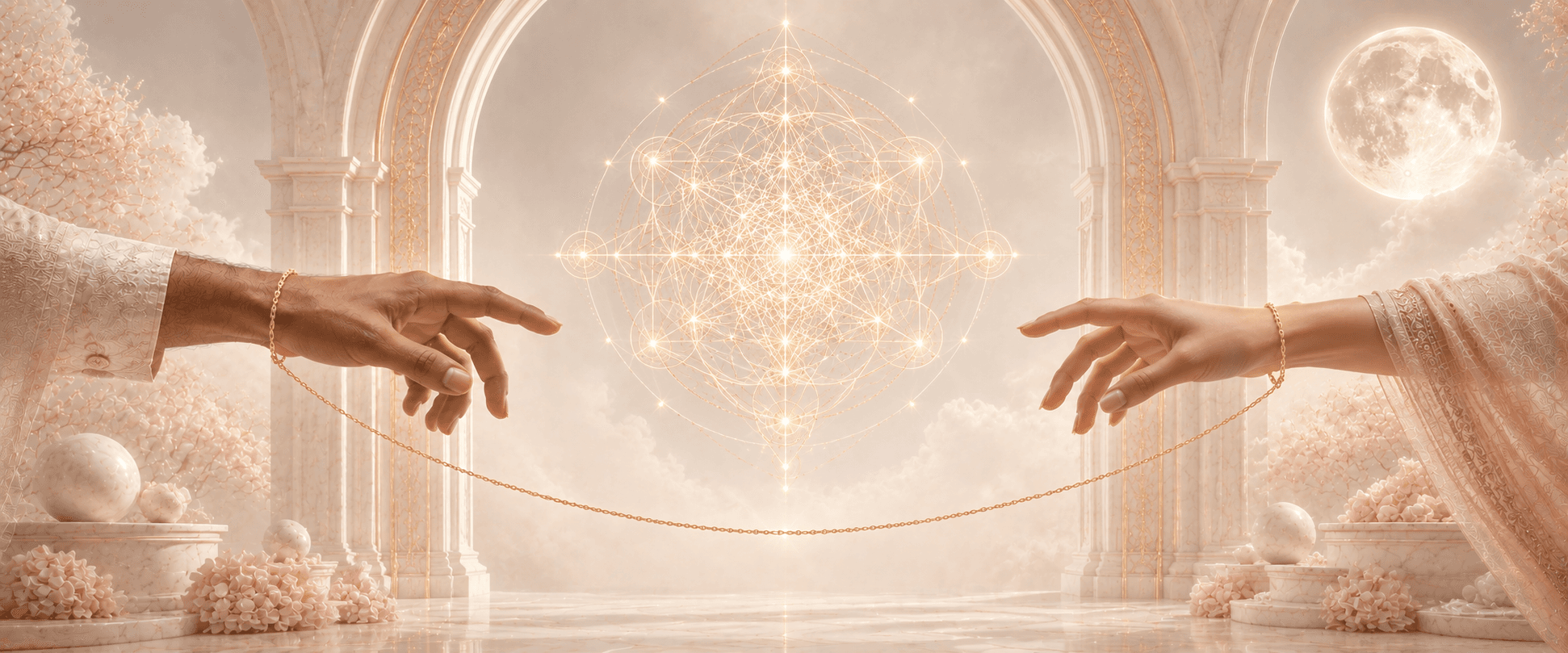 Two hands reaching toward each other through a celestial archway, connected by a gold chain beneath a cosmic mandala and full moon